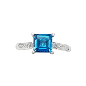 London Blue Topaz Halo Ring | Elegant Square Cut Blue Gemstone Silver Ring | Premium Fine Jewelry