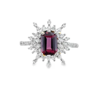 Elegant Red Garnet Halo Burst Ring – Vintage Luxury Solitaire with Diamond-Style Accents | TZGems