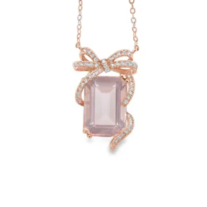T142 Pink Crystal Bow Necklace | Rose Gold Elegant Pendant