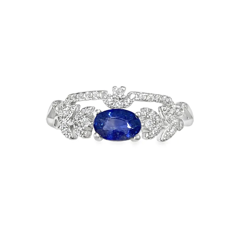 T249 Blue Sapphire Leaf Halo Ring