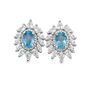 T369 Lake Blue Topaz Halo Earrings | Elegant Gemstone Studs | TZGems