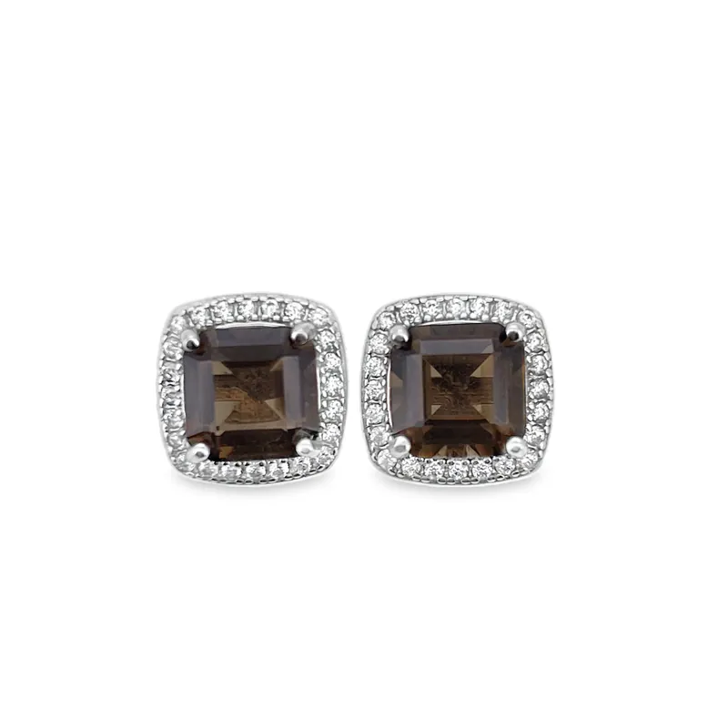 Smoky Quartz Cushion Stud Earrings – Elegant Brown Crystal Accents