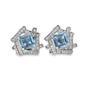 Aquamarine Halo Stud Earrings | Elegant Square Cut Blue Gem Earrings