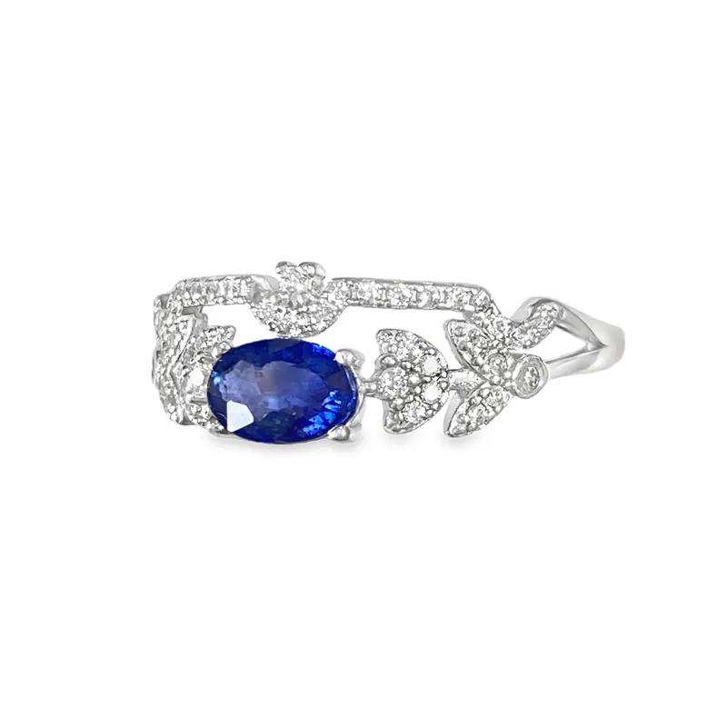 T249 Blue Sapphire Leaf Halo Ring - Image 2